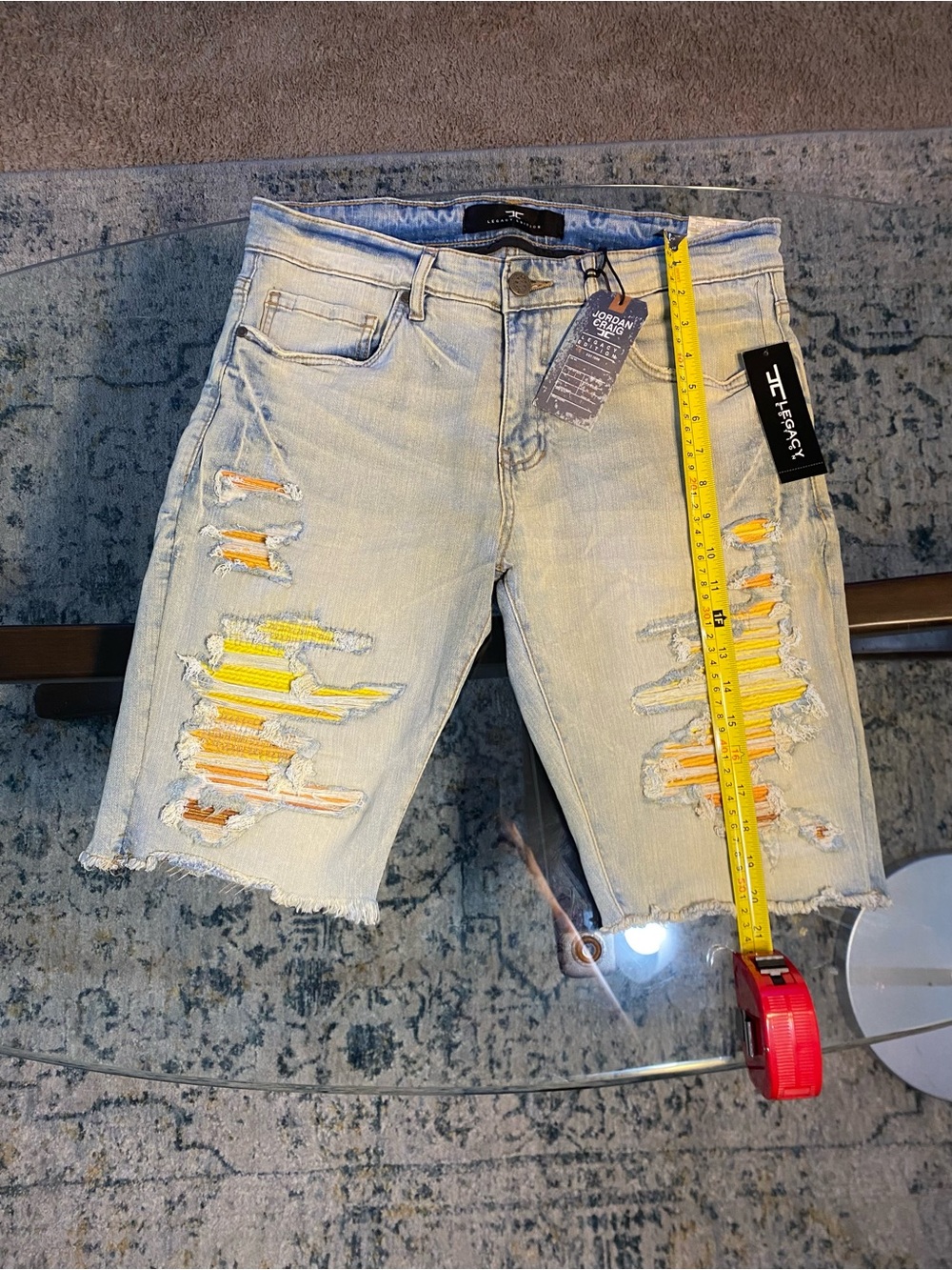 Legacy Light Wash Distressed Denim Shorts with Yellow and Orange Patchwork